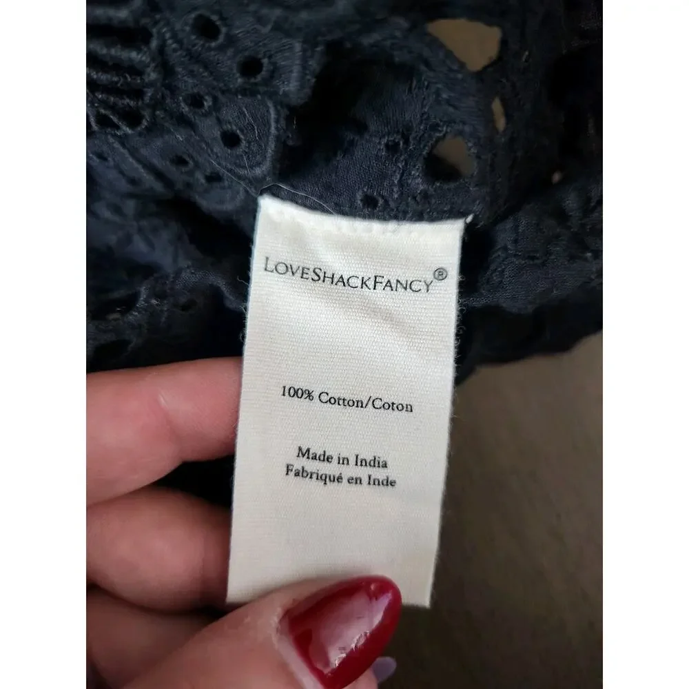 LoveShackFancy Tilda Eyelet Lace Black Blouse Puff Sleeves Ruffles Size Small
